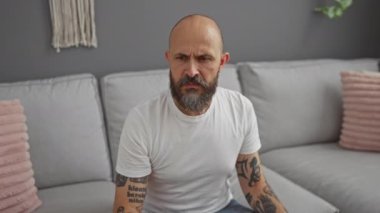 Sakallı İspanyol bir adam evde oturuyor, kötü kokudan rahatsız olduğunu söylüyor, beyaz tişört ve kot pantolon giyiyor..
