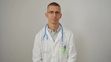 Beyaz önlüklü yakışıklı erkek doktor, beyaz arka planda izole edilmiş, işaret parmağıyla hareket ediyor.