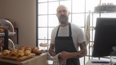 Sakallı ve dövmeli yakışıklı kel bir adam, pastanede çizgili önlük ve beyaz gömlek giyerken, evin içinde pişmiş taze mallarla çevrili duruyor.