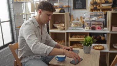 Kapalı alanda hamur işleri ve ekmeklerle çevrili fırında oturan telefonu kullanan genç bir adam.