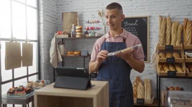 Pastanede elinde paketlenmiş şekerlemeler olan genç bir adam video görüşmesi sırasında dükkanda ekmek ve hamur işleriyle bekliyor.