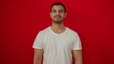 Beyaz tişörtlü genç İspanyol adam kollarını çapraz bağlamış kırmızı arka planda, mutlu ve gülümsüyor, pozitif ve kendinden emin görünüyor.