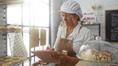 Pastanede çalışan bir kadın, kapalı bir ortamda elinde bir panoyla, etrafını hamur işleriyle ve raflarda pişmiş yiyeceklerle çevrili bir şekilde not alıyor..