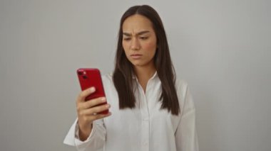 Kadın esmer, telefon şok edici. Beyaz gömlekli. Kadın, evde çekici.