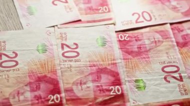 İsrail şekel banknotları düz bir yüzeye dağılmış, ülkenin para biriminin altını çizerek eşsiz tasarımlarını ve canlı renklerini gözler önüne seriyor..
