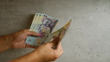 Romen lei banknotlarını somut bir arkaplanla sayan adam