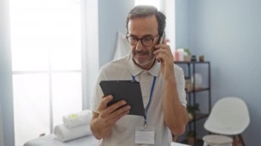 Klinikte telefonla konuşan ve tablet tutan adam, bağlantı ve bilgi işleme odaklı profesyonel sağlık ortamında iletişimi öneriyor.