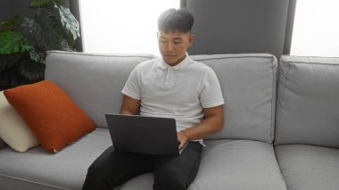İç mekanda, modern iç mimarisi olan rahat bir apartman dairesinde dizüstü bilgisayarla çalışan yakışıklı Asyalı bir adam.