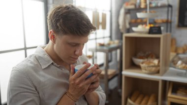 Genç adam bir fırında kahve içiyor. Sıcak ve kapalı bir dükkan ayarlıyor..