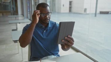 Ofiste tablet üzerinde çalışan adam, parlak doğal ışık, kapalı çalışma alanı ve cam pencerelerle günlük kıyafetlerle odaklanmış genç bir profesyoneli sergiliyor..