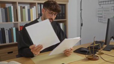 Yargıç cüppeli genç adam, bürodaki kağıtları inceliyor. Masasında adalet terazisi var. Etrafı kitaplık ve bilgisayarla çevrili..