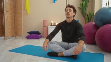 Spor salonundaki yoga minderinde, minderlerle ve egzersiz toplarıyla çevrili meditasyon pozuyla egzersiz yapan bir adam.