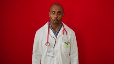 Doktor, kırmızı arka planda beyaz önlük ve steteskop giyerek komik suratlar yapıyor.
