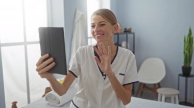 Klinikteki kadın, elinde tablet olan bir video görüşmesi sırasında gülümsüyor. Tıbbi ekipman ve modern iç tasarım unsurları profesyonel bir ortam olduğunu gösteriyor..