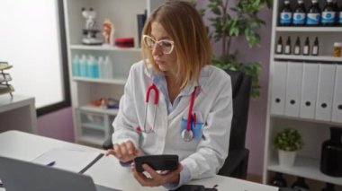 Kadın doktor, tıbbi ekipman ve dekor dolu bir klinikte not alırken hesap makinesiyle hesaplar..