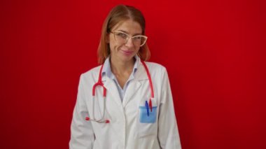 Stetoskop ve laboratuvar önlüğünün bulunduğu canlı kırmızı arka plan karşısında gülümseyen kadın doktor..