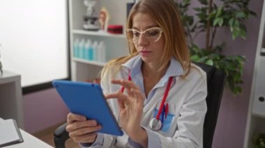 Klinikte ilaç kullanan kadın doktor, arka planda tıbbi araçlarla modern tıbbi uygulama ortamında profesyonel sağlık hizmetleri ve teknoloji entegrasyonunu gösteriyor..