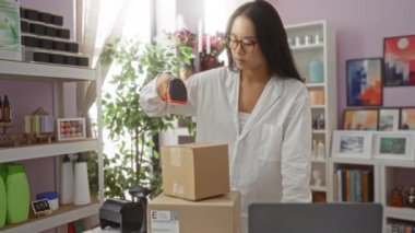 Asyalı bir kadın, duvarlarında renkli sanat eserleri ve ürün rafları olan güzel dekore edilmiş bir ev dekoratörü dükkanında paketleri tarıyor..