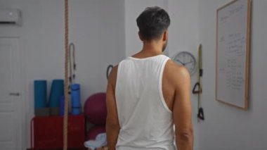 Spor salonundaki genç adam arka planda spor aletleri ve beyaz tahtayla kameraya bakarken kollarını kavuşturuyor.