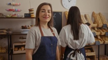 Gülümseyen bir fırıncı, ekmek ve hamur işleriyle dolu bir fırında iş arkadaşının yanında kollarını kavuşturuyor, takım çalışmasını ve sıcaklığı dükkanın içinde iletiyor..