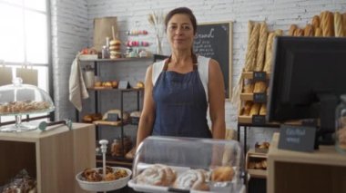 Fırında gülümseyen bir kadın, elinde ekmek tezgahı raflarıyla parlak bir odada önlük giymiş, esmer bir kadınla.