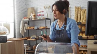 Kapalı bir pastanede çalışan, üzerinde mavi önlükle glütensiz hamur işleri hazırlayan bir kadın.