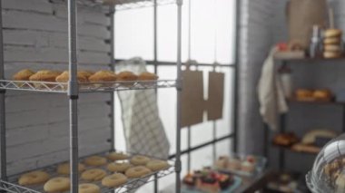 Kapalı bir pastanede fırın ürünleriyle ilgilenen genç bir adam iletişim kurmak için telefon kullanırken, çeşitli fırınlanmış ürünleri ve hamur işlerini sergiliyor..