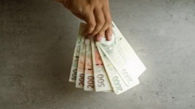 Mali kavramlar için 100, 200, 500 ve 2000 de dahil olmak üzere çeşitli mezhepleri gösteren somut bir arkaplanda Czech Koruna banknotları tutan adamın eli.