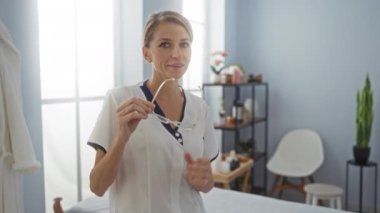 Klinikteki kadın, rahat iş ortamında modern dekor ve doğal ışık atmosferiyle sağlık hizmetleri uzmanını tasvir ederken kendine güvenerek bardakları ayarlıyor..