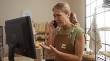 Fırında bir kadın bilgisayar ekranına bakarken telefonla konuşuyor.