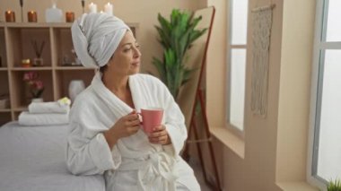 Spa bardağında dinlenen, kafasında bornoz ve havlu olan, mumları, bitkileri ve yumuşak ışıklandırmaları olan bir kadın.