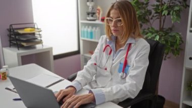 Klinikte beyaz önlüklü bir kadın, sarışın ve beyaz tenli, dizüstü bilgisayarla ofiste oturuyor, düşünceli, kapalı bir hastane çalışma ortamı sergiliyor..