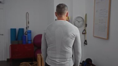 Spor salonunda orta yaşlı bir adam spor salonunda spor aletleri ve beyaz tahtanın yanında dururken kollarını kavuşturuyor.