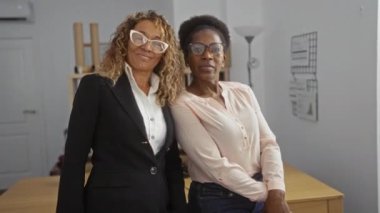 Modern bir ofiste birlikte gülümseyen kadınlar profesyonellik ve iş ortakları arasındaki işbirliğini gösteriyor..