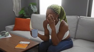 Oturma odasındaki kanepede oturan, örgülü, rahat ev dekorasyonu yapan bir kadın.