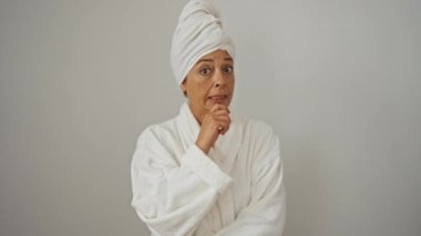 Havlu ve bornoz giymiş orta yaşlı bir kadın bir soru için yoğun bir şekilde endişeleniyor. Gergin ve endişeli görünüyor, beyaz arka planda izole edilmiş, derin düşünüyor, problem çözücü.