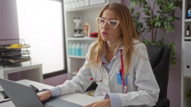 Klinikteki kadın doktor, profesyonel ekipman ve belgelerle çevrili bir dizüstü bilgisayarla hastayla konuşuyor.