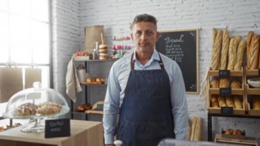 Fırın odasında önlük giymiş orta yaşlı bir adam tezgahın yanında duruyor ve içeride hamur işleri ve ekmek sergiliyor.