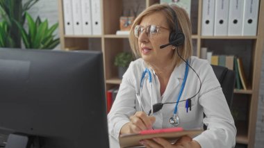 Orta yaşlı, sarı saçlı, kulaklık takan ve gözlüklü bir kadın doktor, arka planda bilgisayar monitörü ve kitap raflarıyla klinik bir ofiste notlar yazıyor..