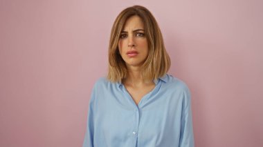 Mavi bluzlu, çekici bir kadın pembe arka planda şaşkın duruyor.