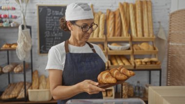 Pastanede çalışan bir kadın elinde kruvasan, önlük ve şapka, arka planda raflar ve arkasında karatahta menüsü olan bir kadın..