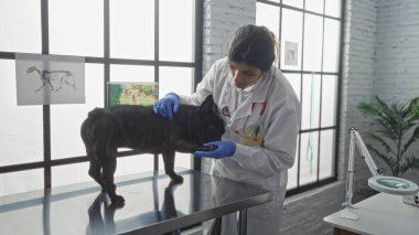 A young hispanic woman veterinarian examines a french bulldog in a modern veterinary clinic with large windows and anatomical posters on the walls. clipart