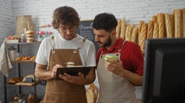 Erkekler fırında birlikte çalışıyorlar, önlük giyiyorlar ve ellerinde tabletle arka planda ekmek ile iş konuşuyorlar.