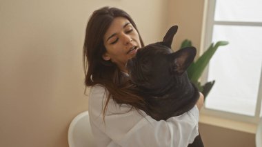 A young hispanic woman in a veterinary clinic holding a french bulldog in her arms, depicted in an indoor waiting room setting. clipart