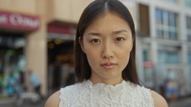 Çekici genç Asyalı kadın gündüz vakti Çin 'de kentsel geçmişi olan bir şehir caddesinde dikiliyor.