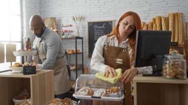 Kadın ve erkek kapalı bir fırında birlikte çalışıyor, tezgahı temizliyor ve düzenliyor, dükkanın içindeki raflarda çeşitli hamur işleri ve ekmekleri sergiliyorlar.