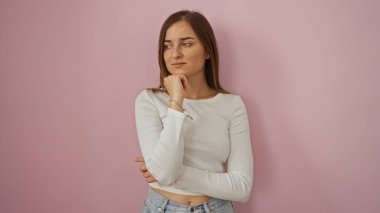 Güzel, genç, sarışın bir kadın pembe bir arka planda tek başına dikiliyor. Düşünceli, düşünceli, beyaz bir bluz ve kot pantolon içinde..