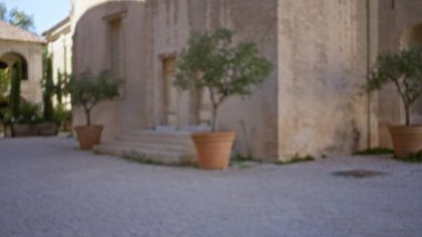 Eski bir üniversite kampüsünün bulanık bir görüntüsü, tarihi mimari içeriyor ve açık havada saksıda saksıları olan sakin bir ortam yaratıyor..