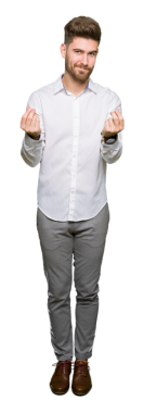 Arkaplanda para işareti gösteren yakışıklı bir gencin portresi.    