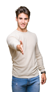 Şeffaf arka planda el ele tutuşan yakışıklı genç adamın portresi.   